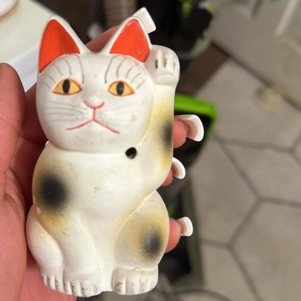 Vintage Maneki Neko Lucky Cat Clay Figurine, Hand-Painted in Japan